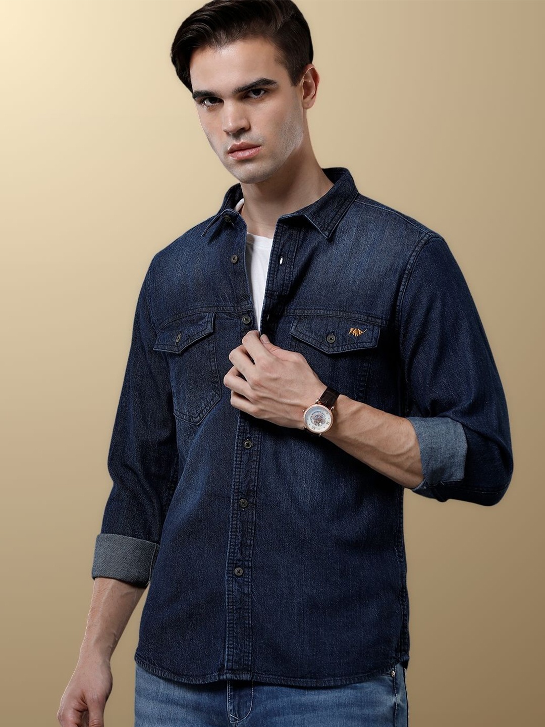 

TEMPLE OF DENIM Men India Slim Spread Collar Solid Denim Casual Shirt, Blue