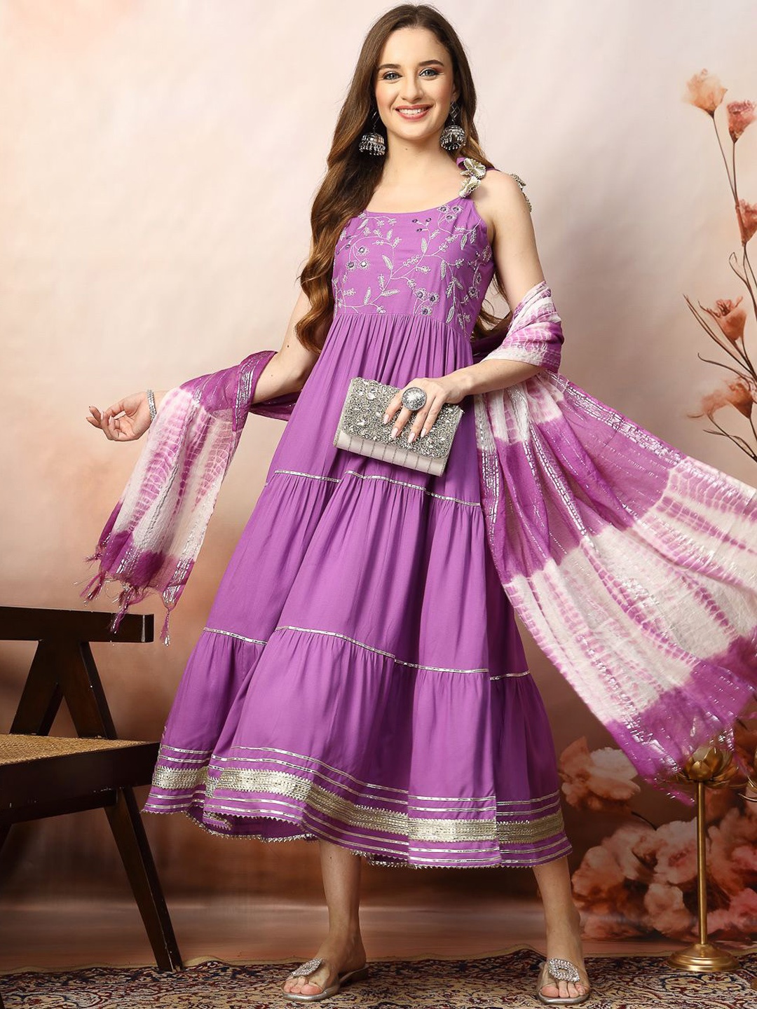 

Stylum Floral Embroidered Tiered Fit and Flared Ethnic Dresses With Dupatta, Purple