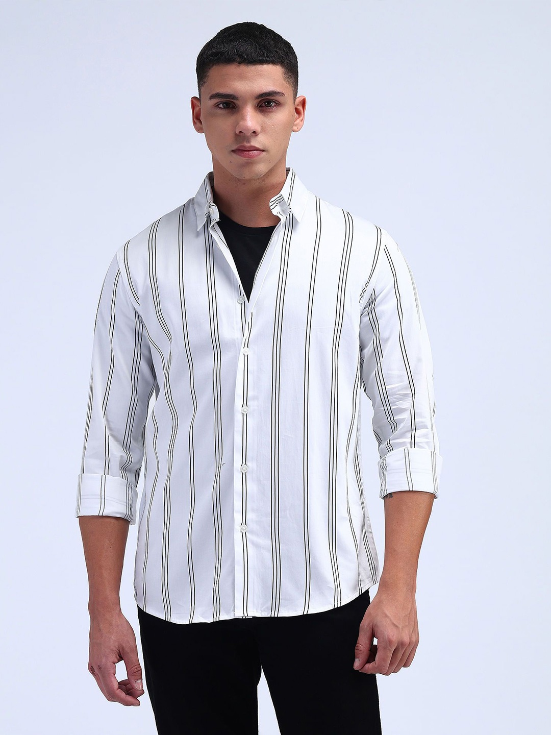 

Flying Machine Men Modern Slim Fit Opaque Striped Casual Shirt, White