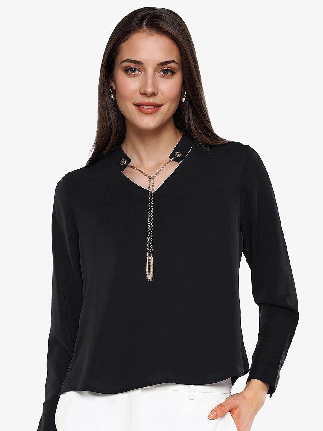 

RAREISM Women Solid V-Neck Top, Black