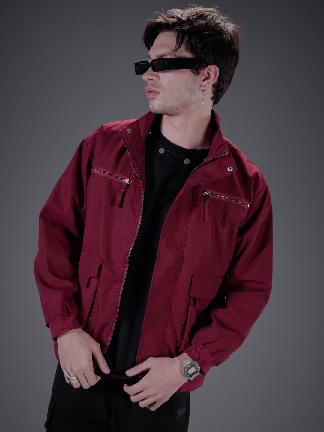 

SOKO STREET Mock Collar Bomber Jacket, Maroon