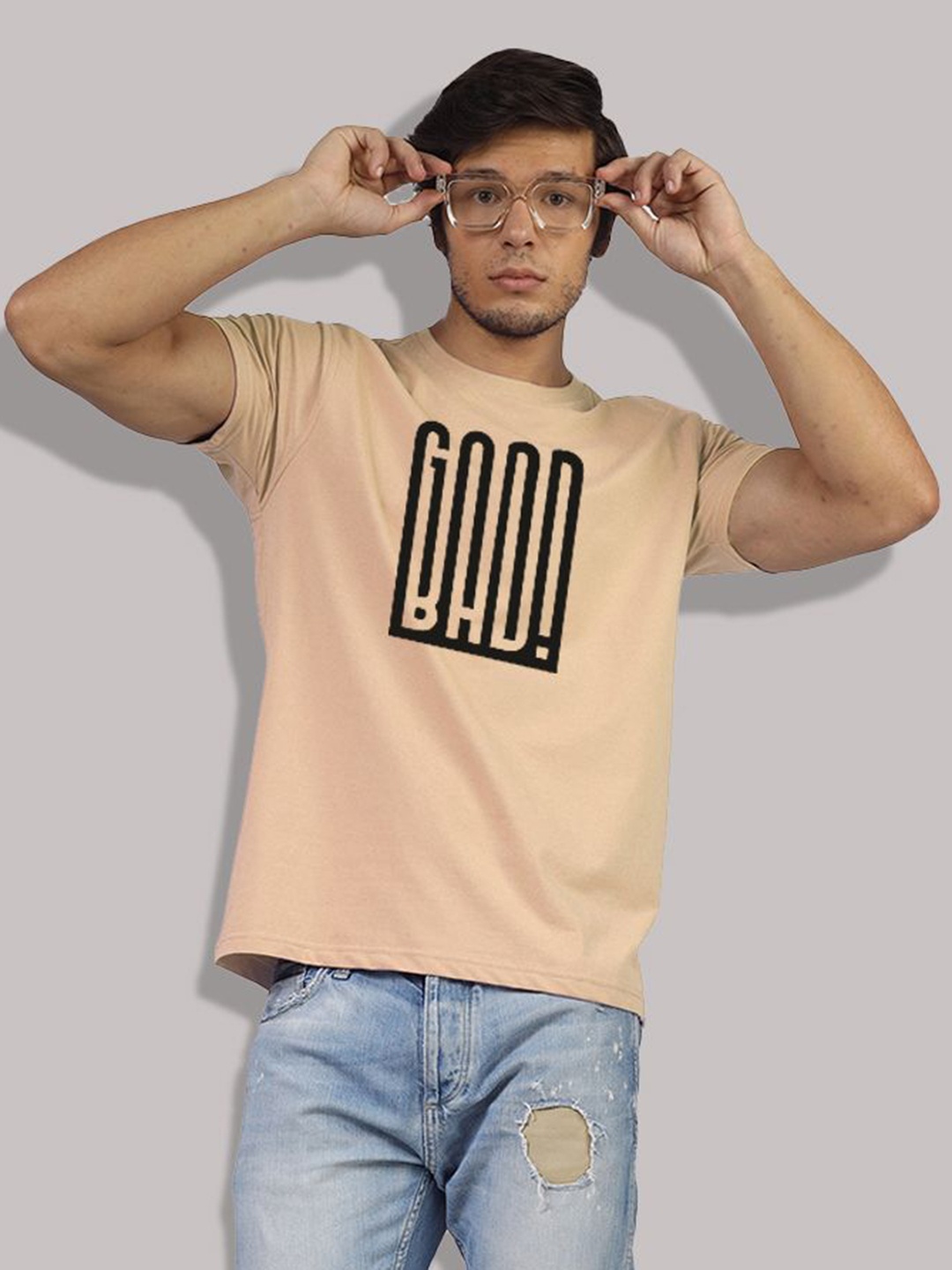

Greylongg Men Typography Printed Round Neck Cotton T-shirt, Beige