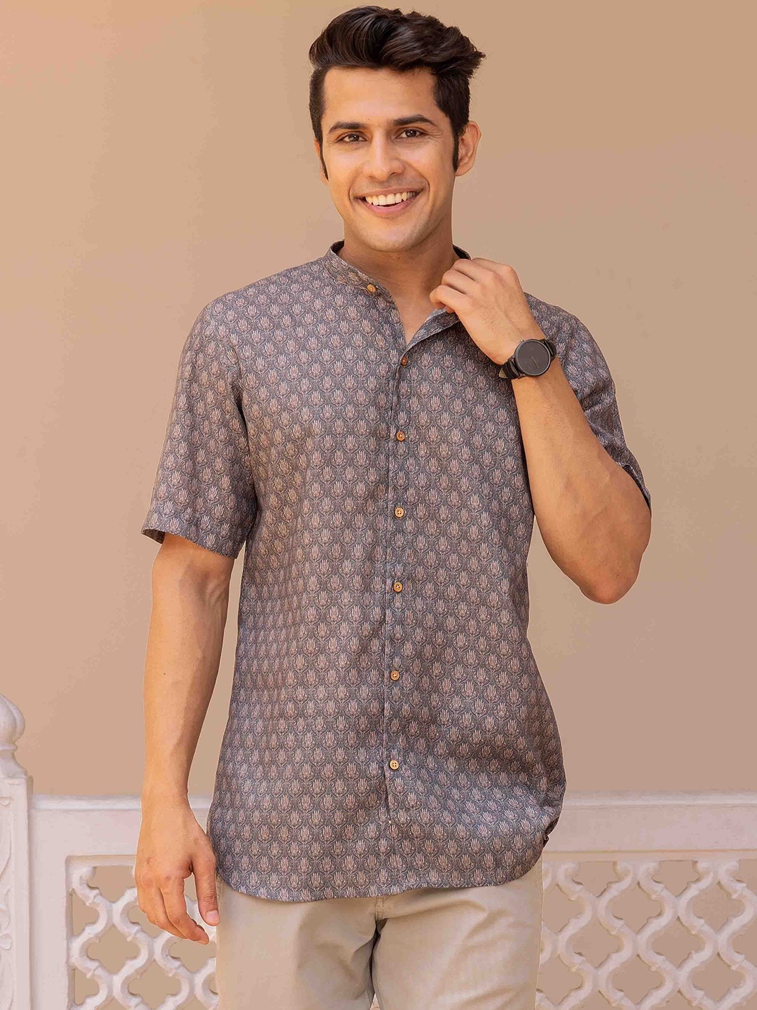 

Ethnic India Ethnic Motifs Printed Mandarin Collar Shirt, Grey