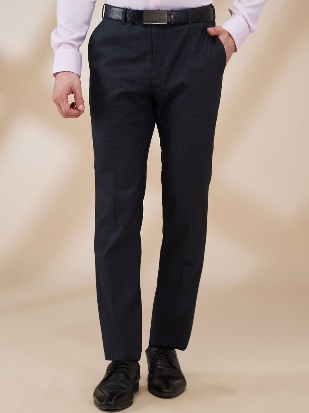 

Raymond Men Checked Slim-Fit Mid-Rise Formal Trousers, Blue