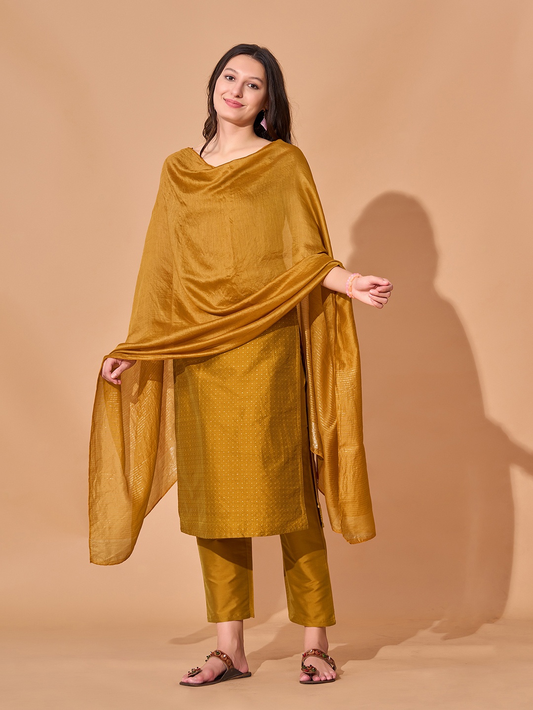 

KALINI Women Ethnic Motifs Regular Kurta with Trousers & With Dupatta, Mustard