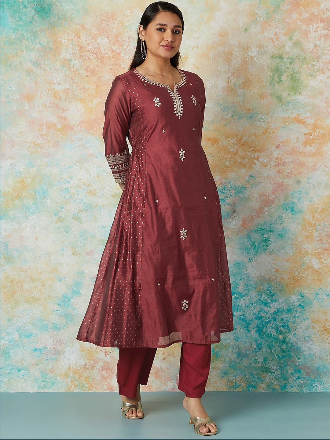 

Melange by Lifestyle Women Floral Embroidered Flared Sleeves Gotta Patti Kurta, Red