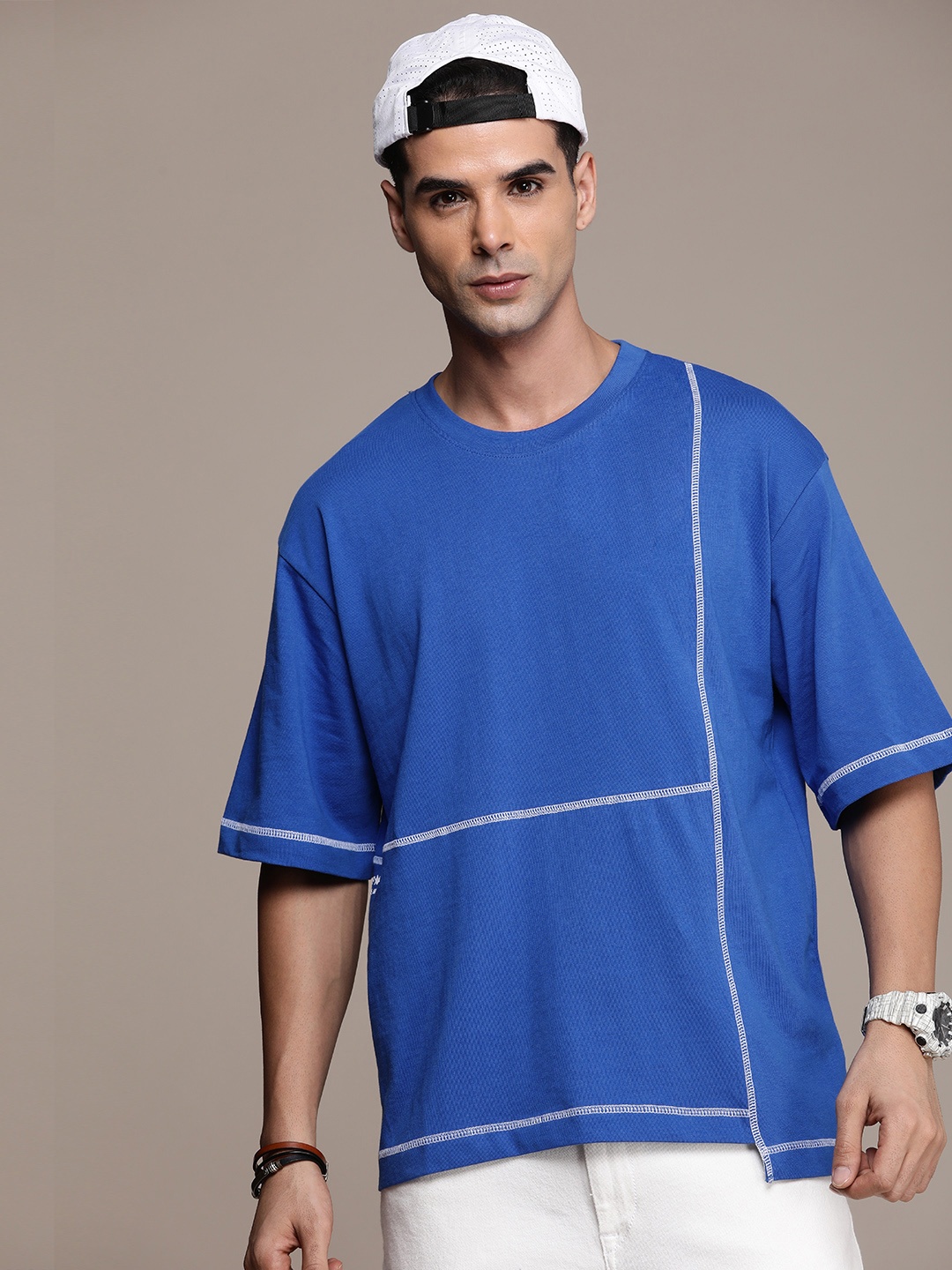 

FORCE IX Solid Drop-Shoulder Sleeves Pure Cotton Oversized T-shirt, Blue