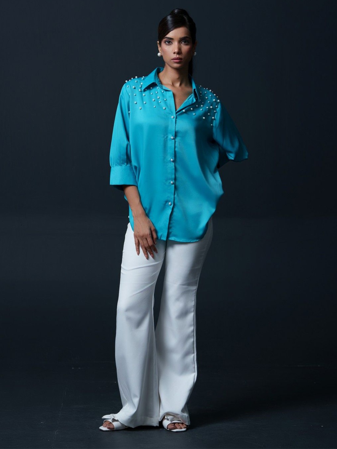 

KINA Women Custom Spread Collar Solid Oversized Casual Shirt, Turquoise blue