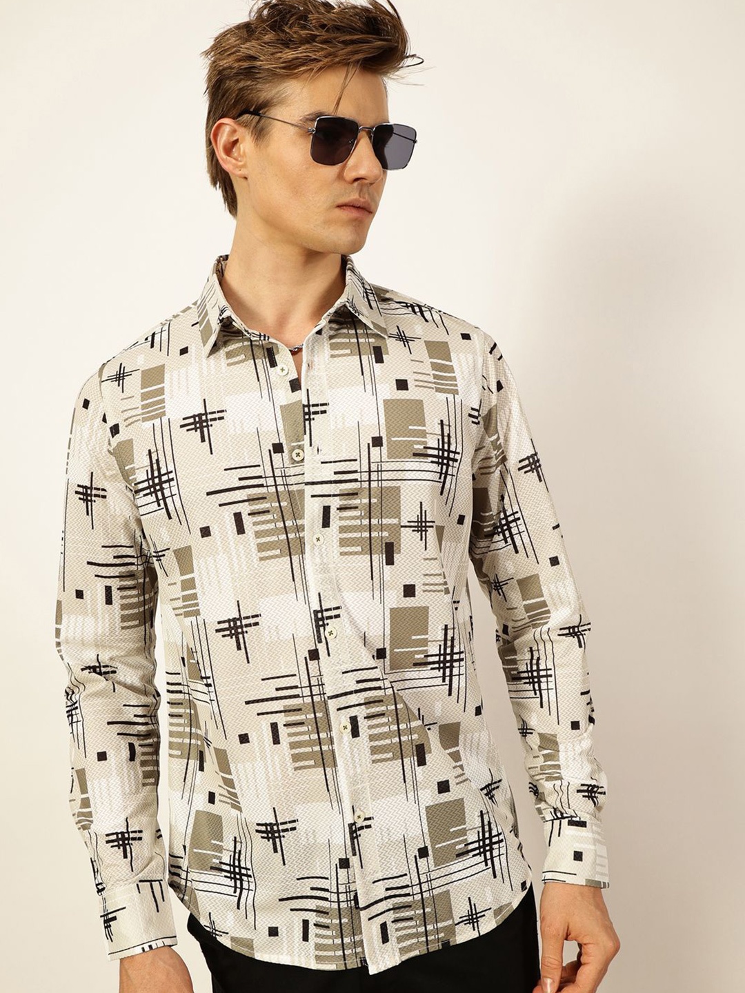 

Thomas Scott Men Premium Slim Fit Opaque Printed Casual Shirt, Green