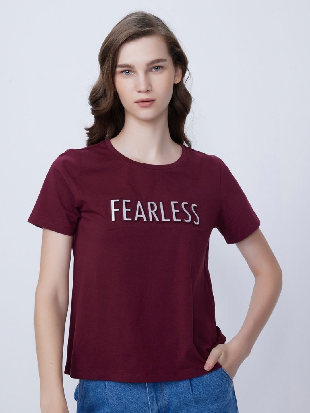 

COVER STORY Women Typography Printed Round Neck Cotton T-shirt, Maroon