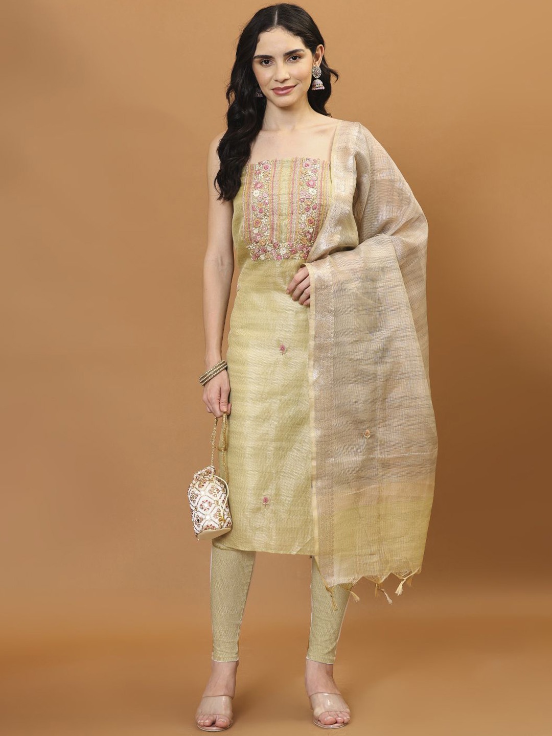 

Meena Bazaar Embroidered Art Silk Unstitched Dress Material, Gold
