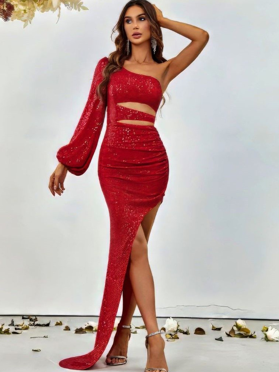 

Womenue Women One-Shoulder Bodycon Maxi Dress, Red