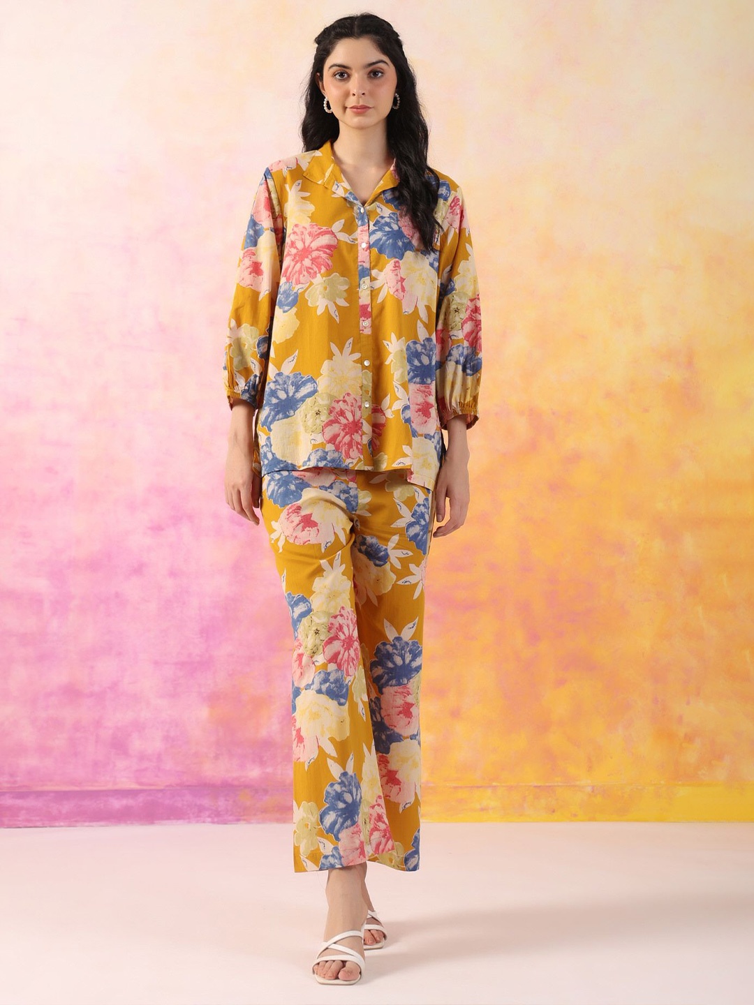 

JISORA Mustard Yellow Floral Printed V-Neck Pure Cotton Shirt With Trousers