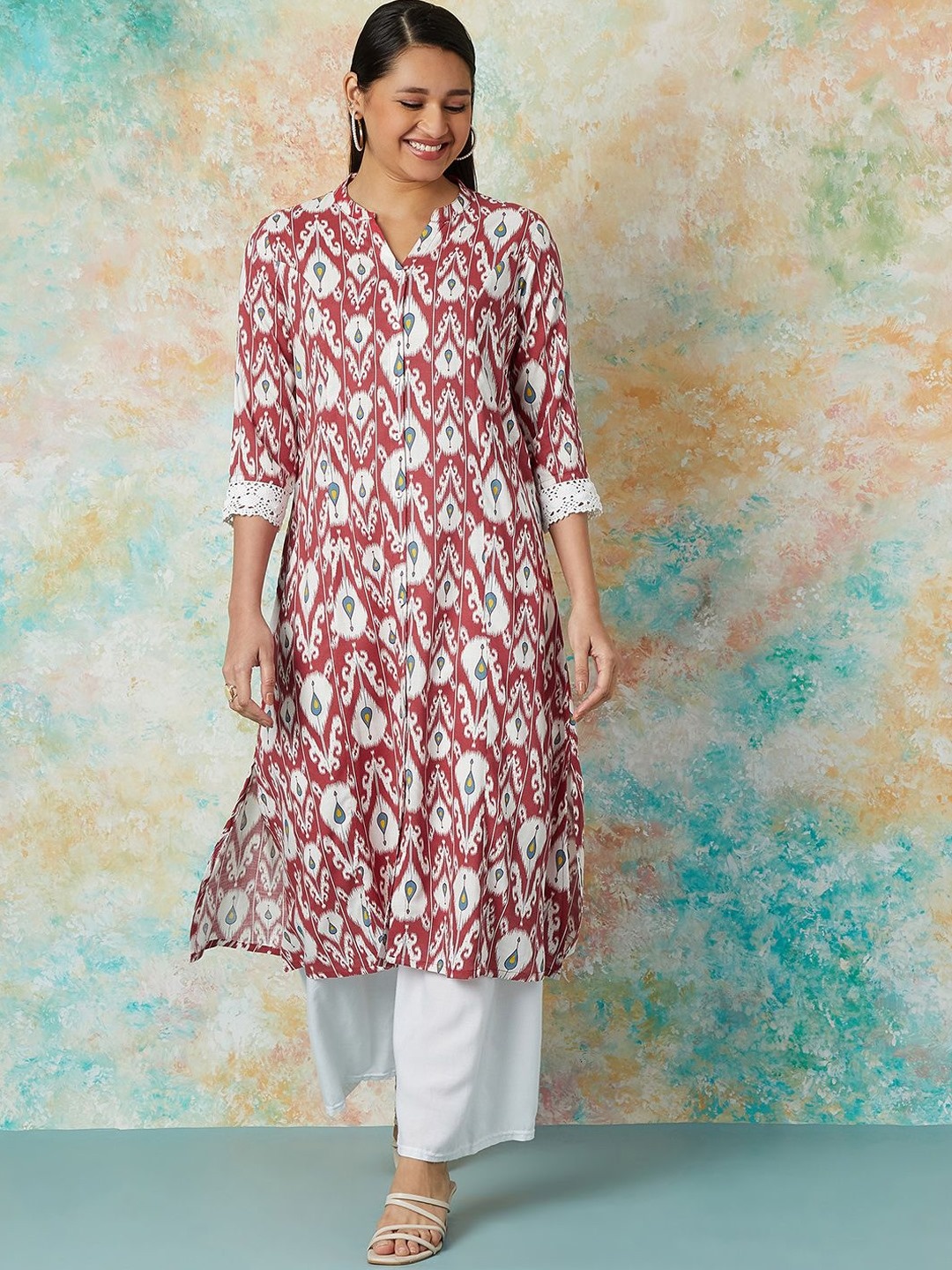 

Melange by Lifestyle Women Printed Flared Sleeves Sequinned Kurta, Red