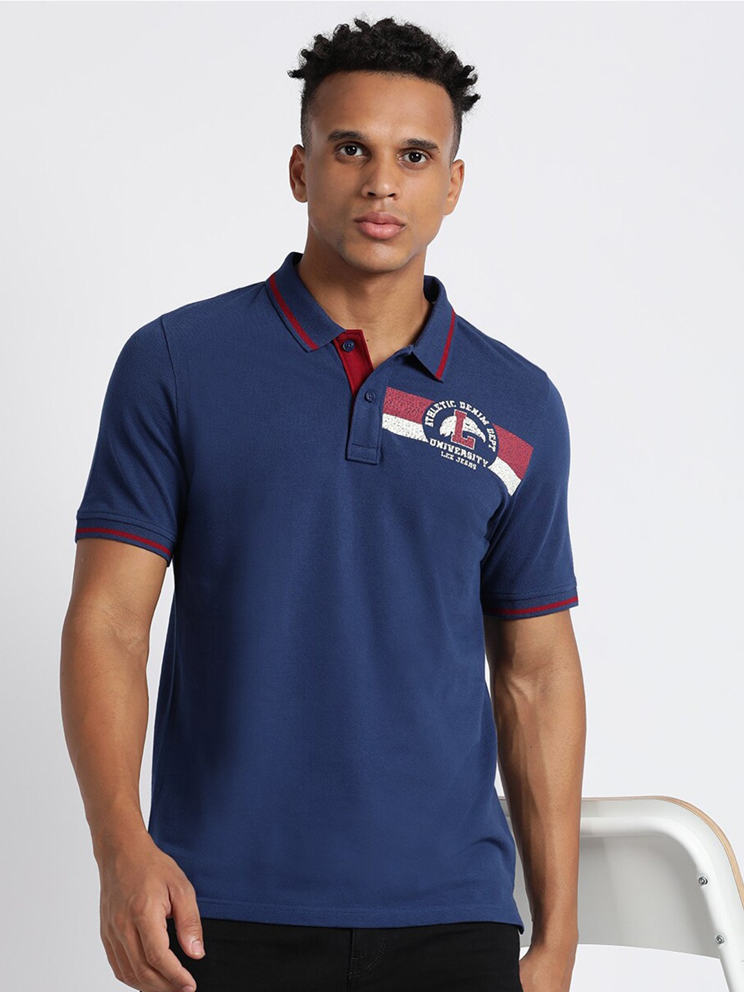 

Lee Typography Printed Polo Collar Cotton T-Shirt, Navy blue