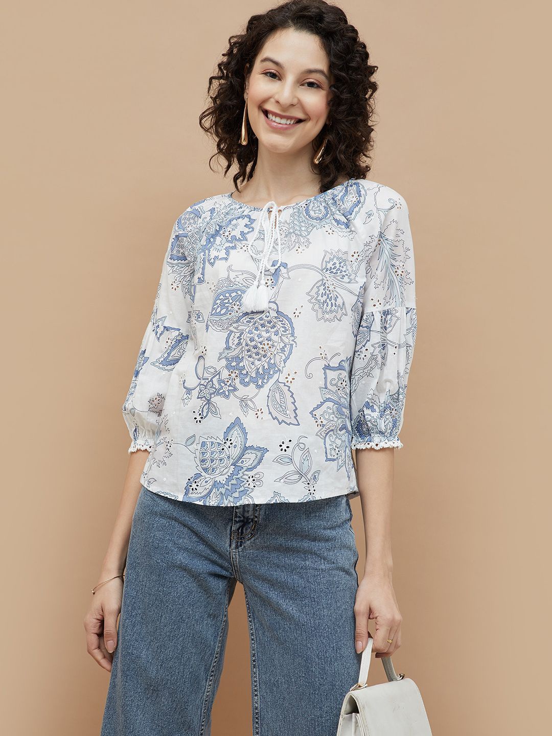 

Colour Me by Melange Print Cotton Top, White