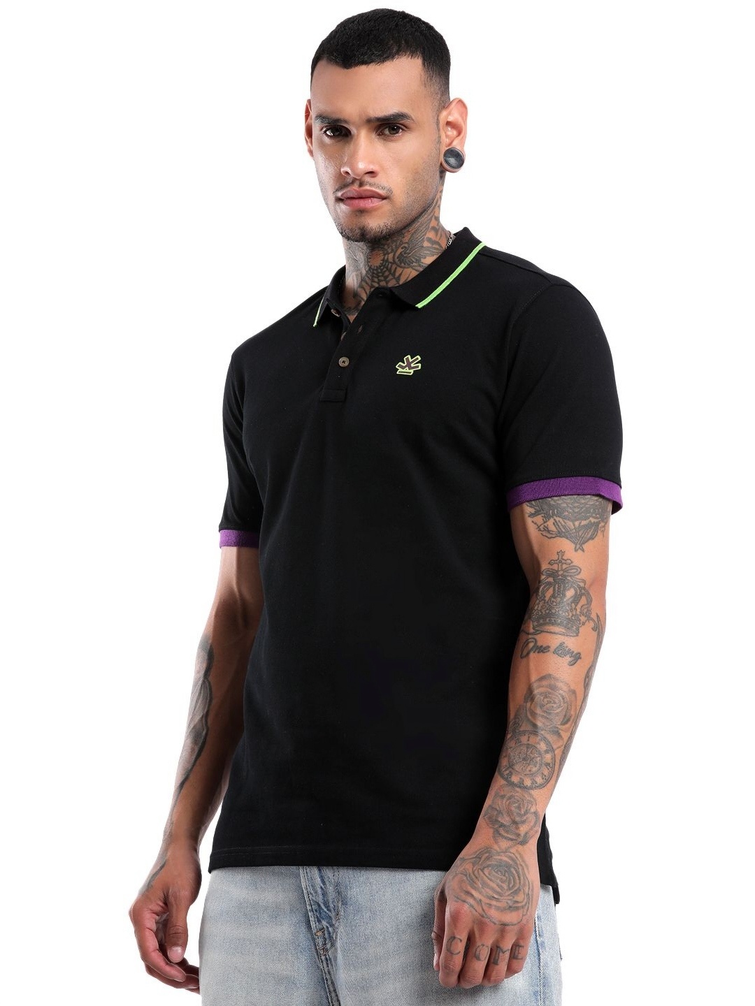 

WROGN Men Solid Polo Collar Pure Cotton Slim Fit T-shirt, Black