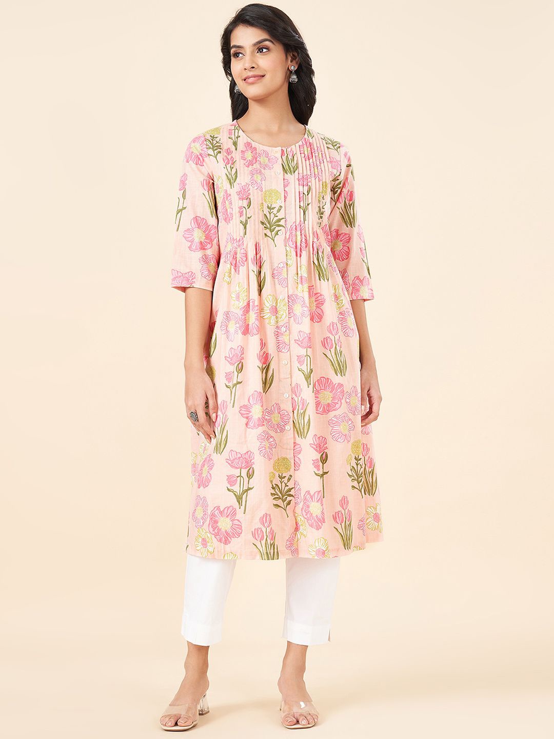 

RANGMANCH BY PANTALOONS Floral Printed Round Neck Anarkali Kurta, Pink