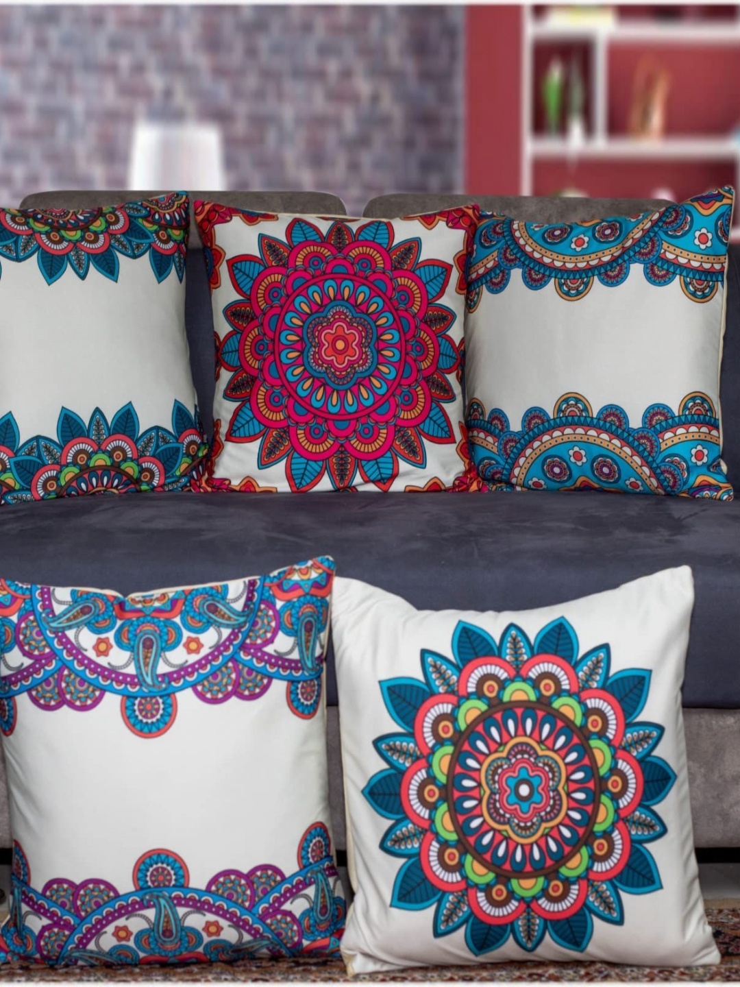 

Vendola White & Red 5 Pieces Ethnic Motifs Square Cushion Covers