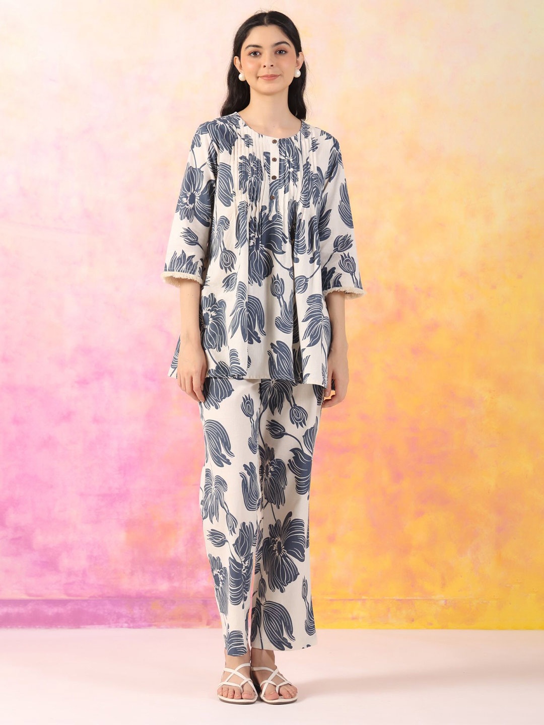 

JISORA Off White Floral Printed Pure Cotton Tunic With Trousers