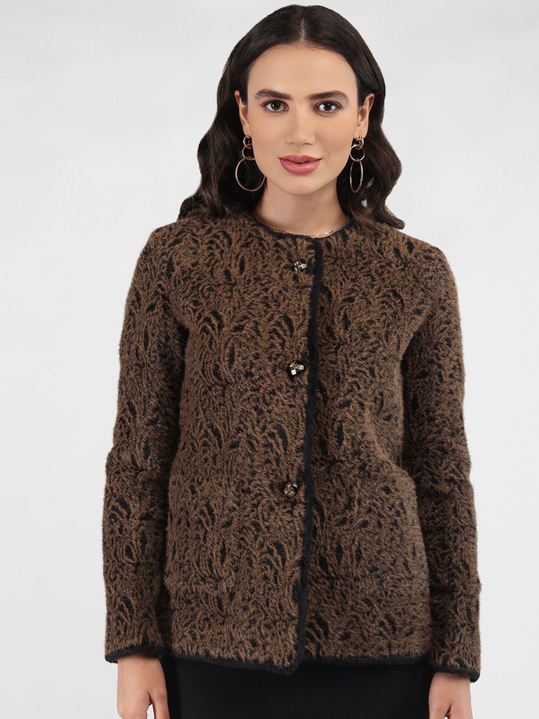 

LURE URBAN Women Self Design Single-Breasted Overcoat, Brown