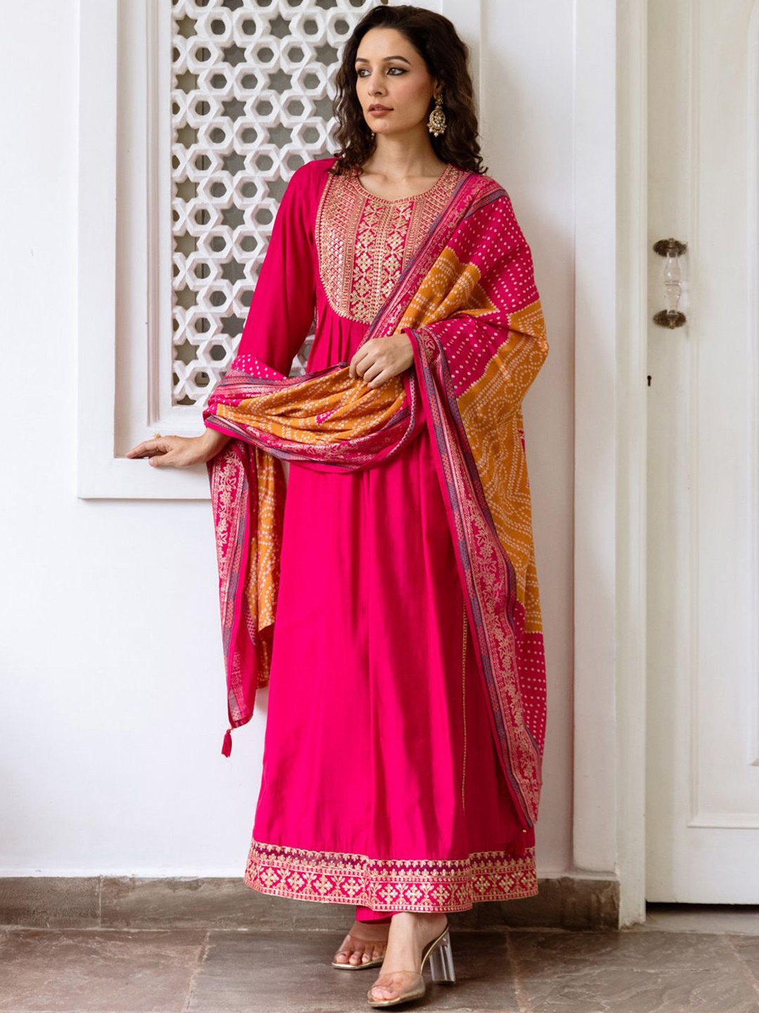 

Indo Era Women Ethnic Motifs Embroidered Empire Kurta with Trousers & With Dupatta, Pink