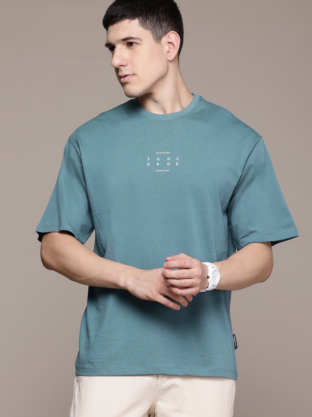

The Roadster Lifestyle Co. Drop-Shoulder Sleeves Pure Cotton Relaxed Fit T-shirt, Blue