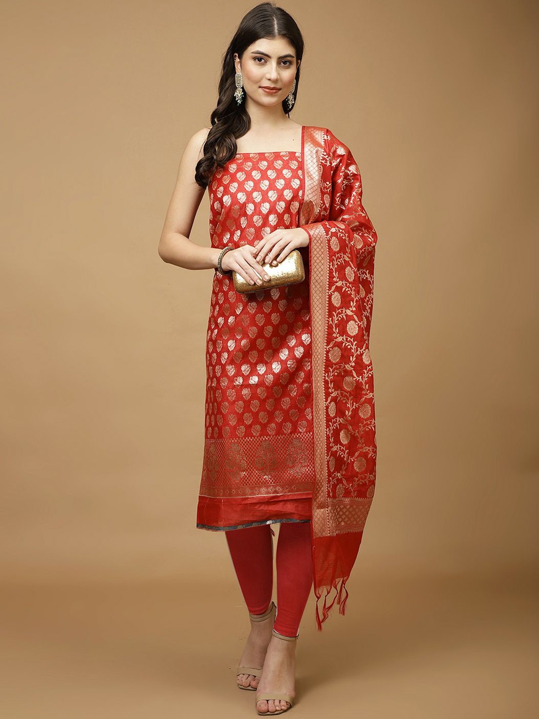 

Meena Bazaar Art Silk Unstitched Dress Material, Red