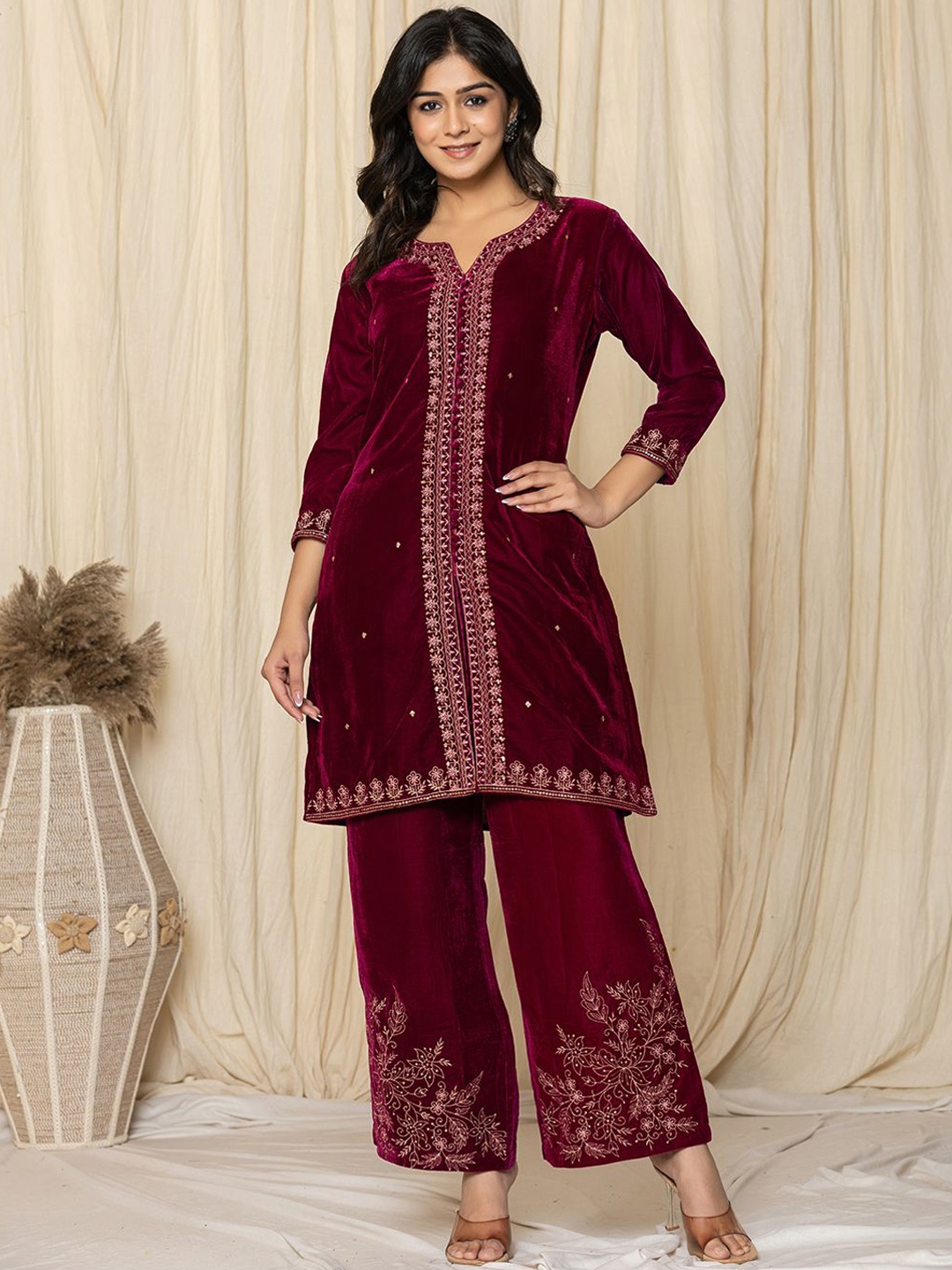 

Yufta Floral Embroidered Round Neck Velvet Tunic With Palazzos, Pink