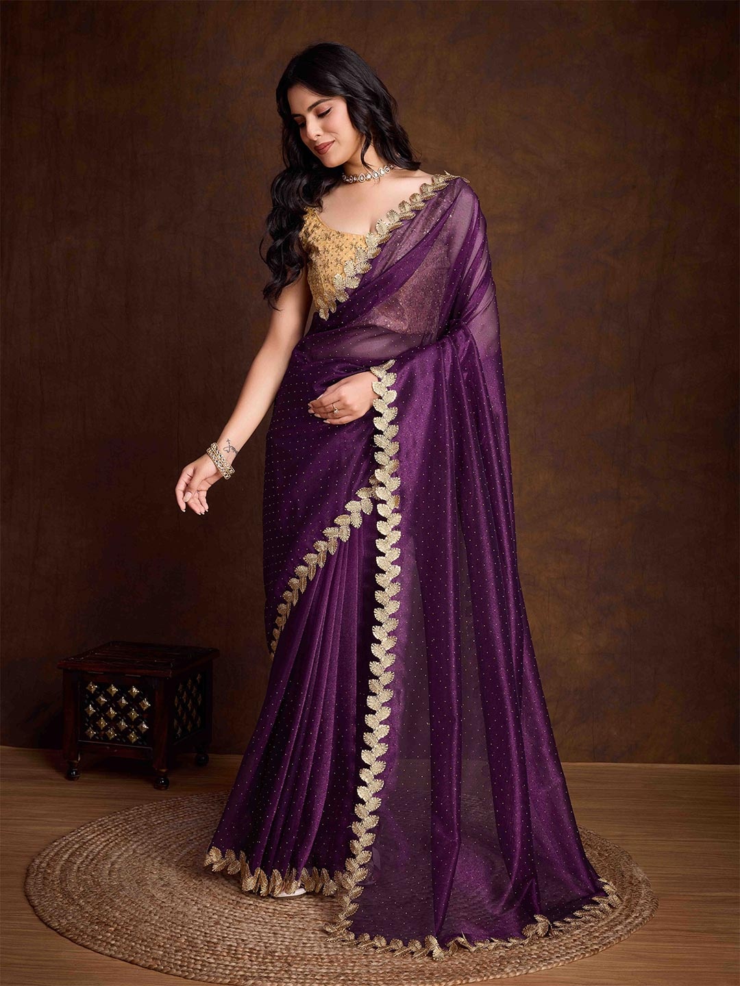 

Mitera Embellished Beads and Stones Net Saree, Purple