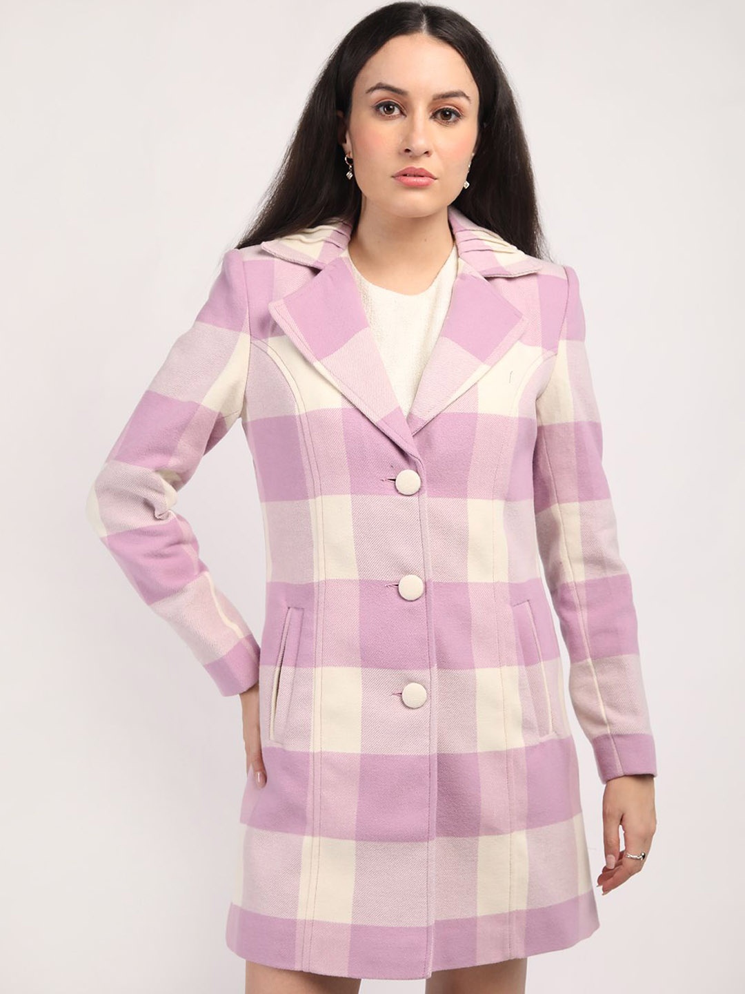 

HONNETE Checked Notched Lapel Single-Breasted Winter Overcoat, Lavender