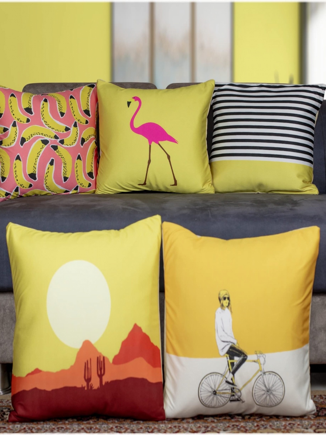 

Vendola Yellow & Black 5 Pieces Striped Square Cushion Covers
