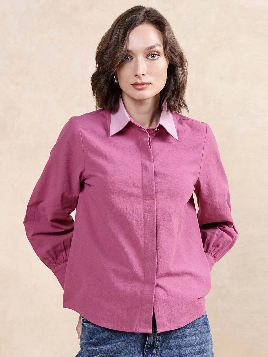 

RAREISM Women Comfort Spread Collar Solid Cotton Casual Shirt, Pink