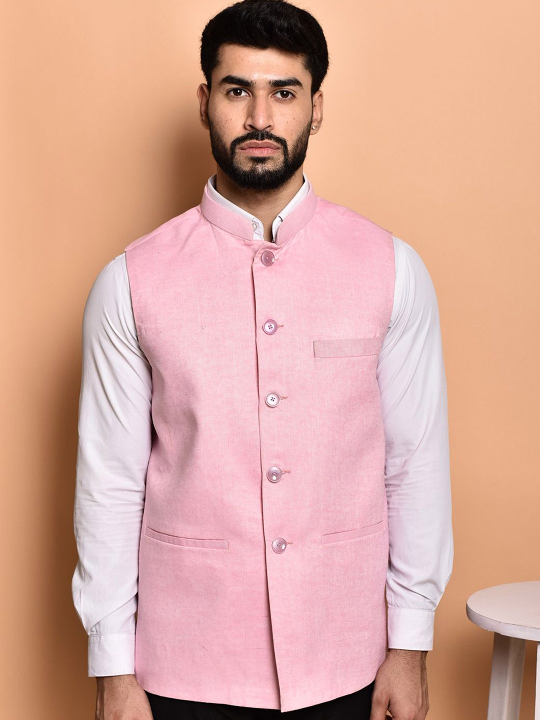 

PRINTCULTR Textured Woven Nehru Jacket, Pink