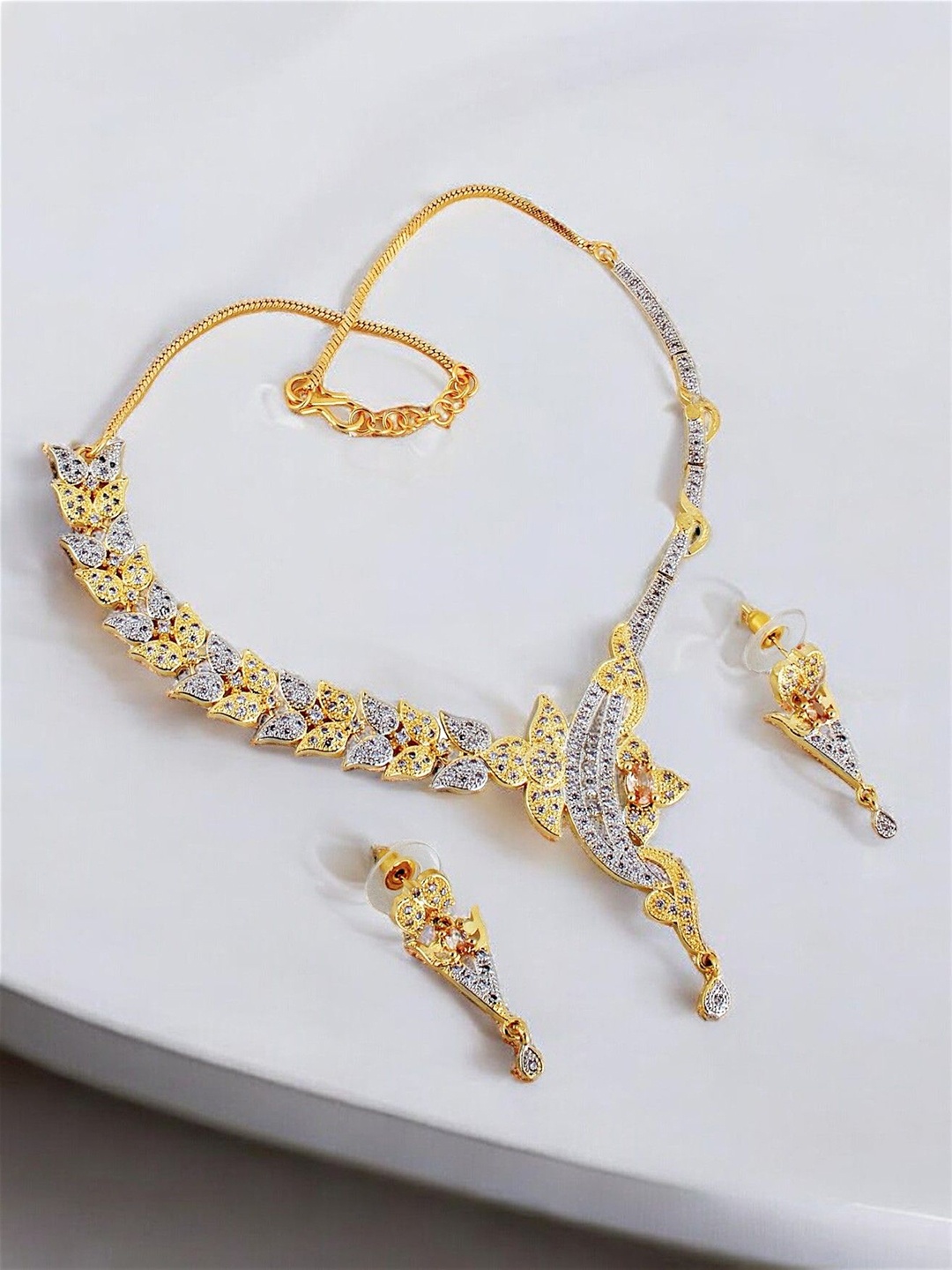 

LUCKY JEWELLERY 18K Gold-Plated American Diamond Studded Jewellery Set