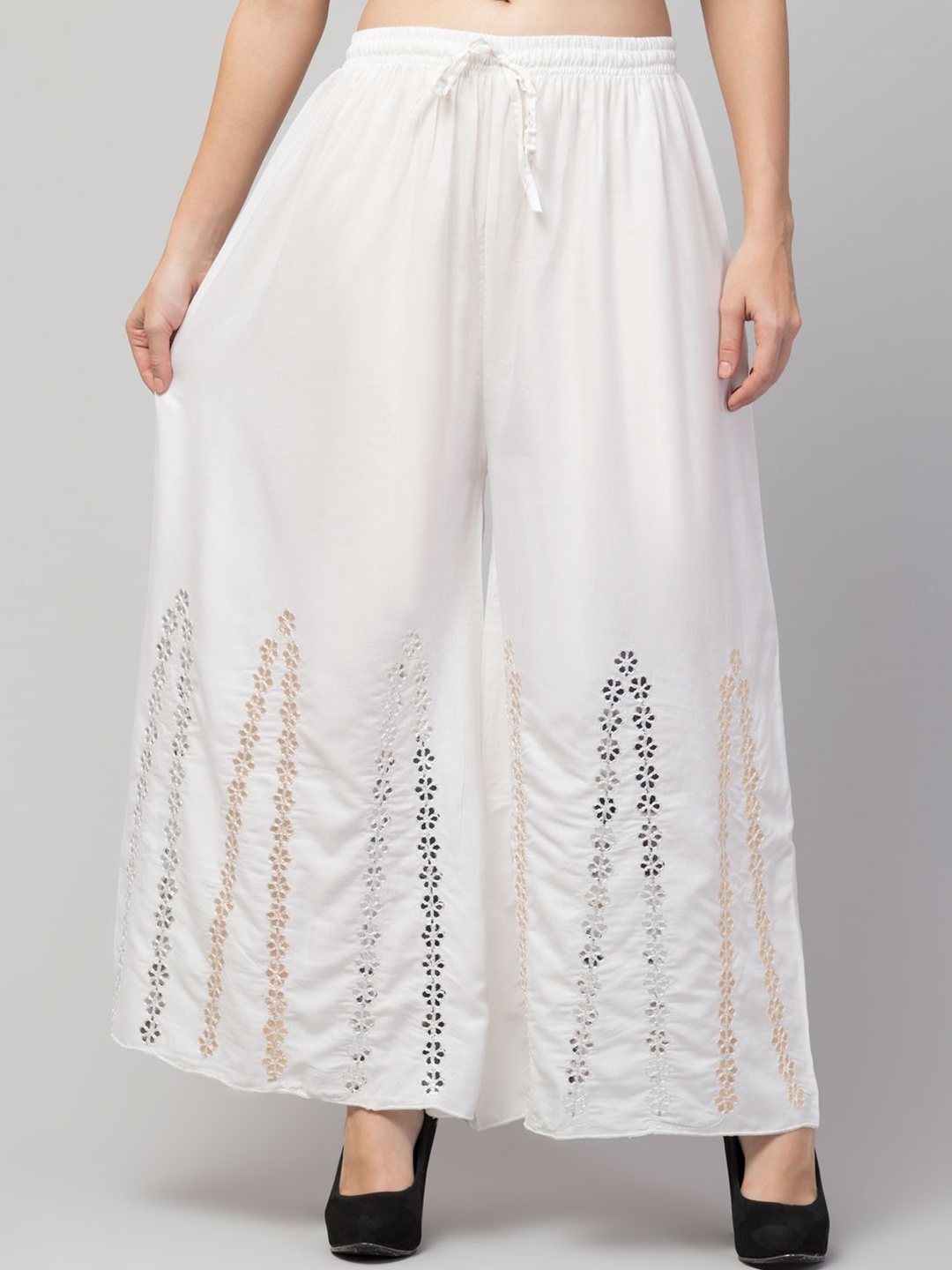 

FAMBEE Women Ethnic Motifs Embroidered Flared Ethnic Palazzos, White