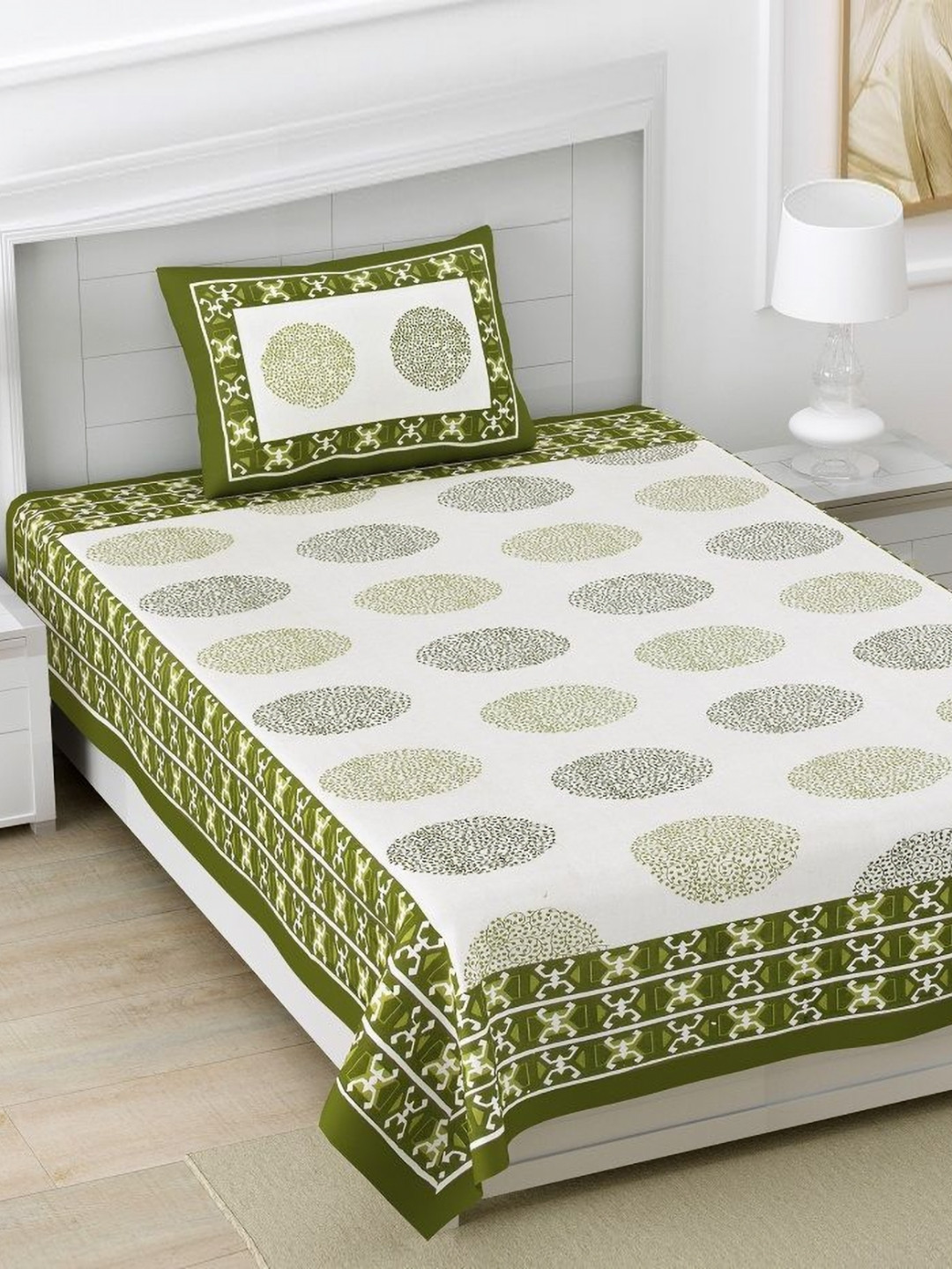 

HOMELINE Green & White Geometric 160 TC Cotton Single Bedsheet with 1 Pillow Cover