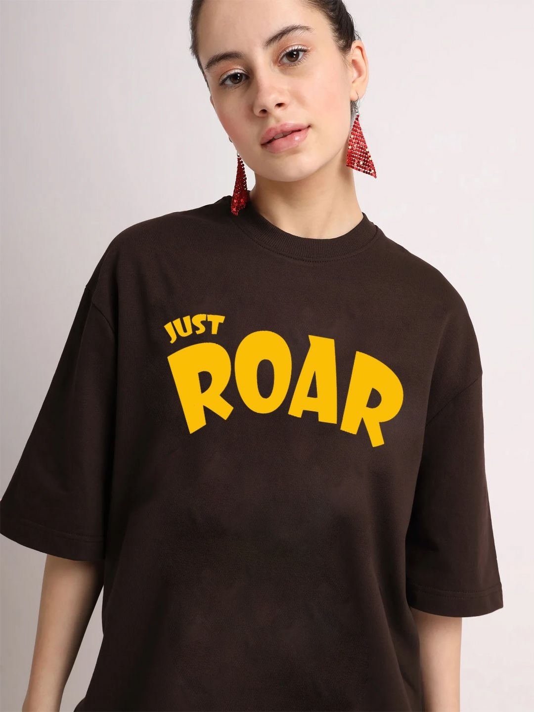 

Leotude Women Typography Printed Drop-Shoulder Sleeves Oversized T-Shirt, Brown