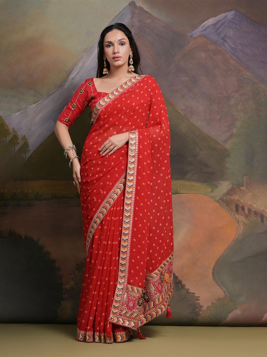 

Mitera Bandhani Sequinned Poly Georgette Saree, Red