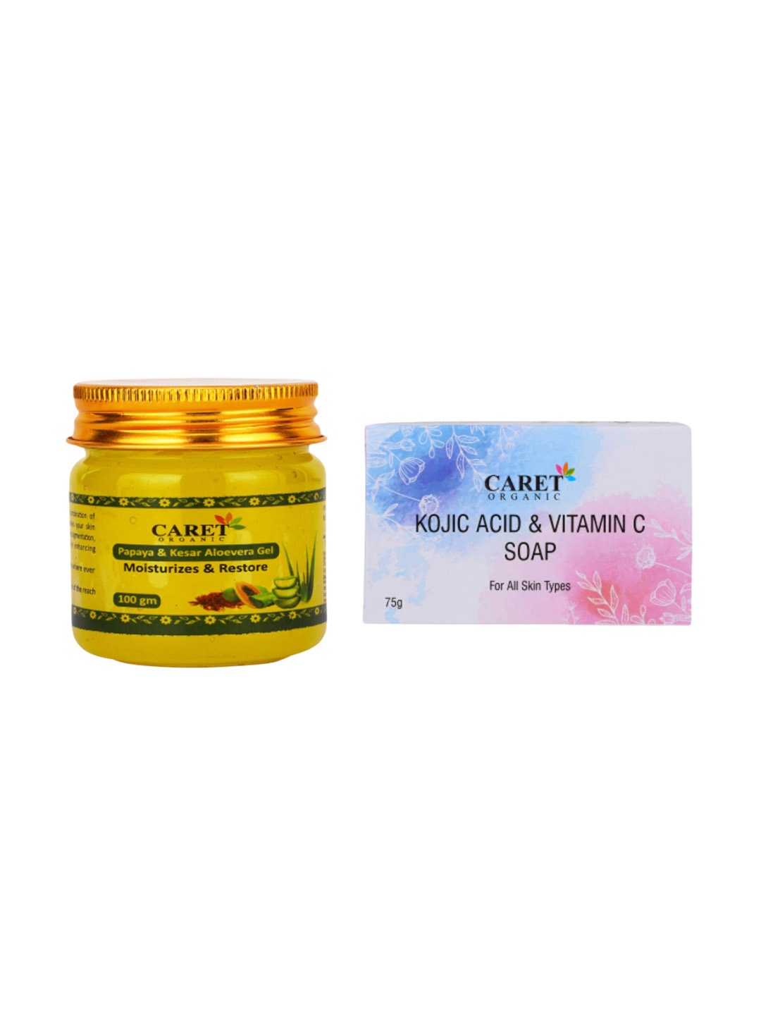 

CARET ORGANIC Kojic Acid Vitamin C Soap -75g & Papaya Kesar Aloevera Gel Combo-100g, White