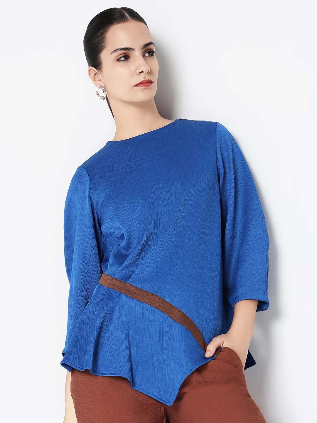 

Rareism Plus Size Women Solid Round Neck Top, Blue