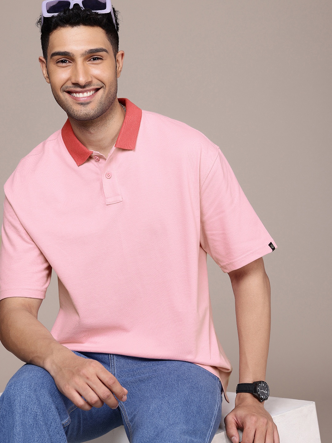 

WROGN Polo Collar Pure Cotton Drop Shoulder Oversized T-shirt, Pink