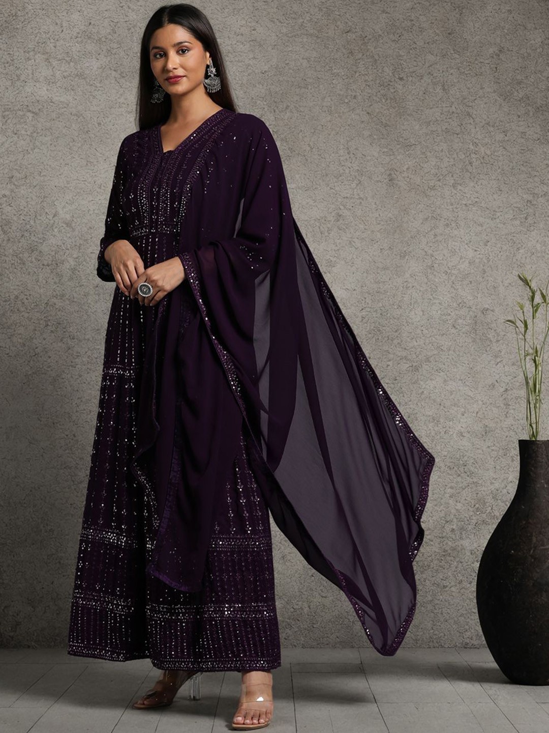 

Miss Ethnik Embroidered Maxi Ethnic Dress With Dupatta, Purple