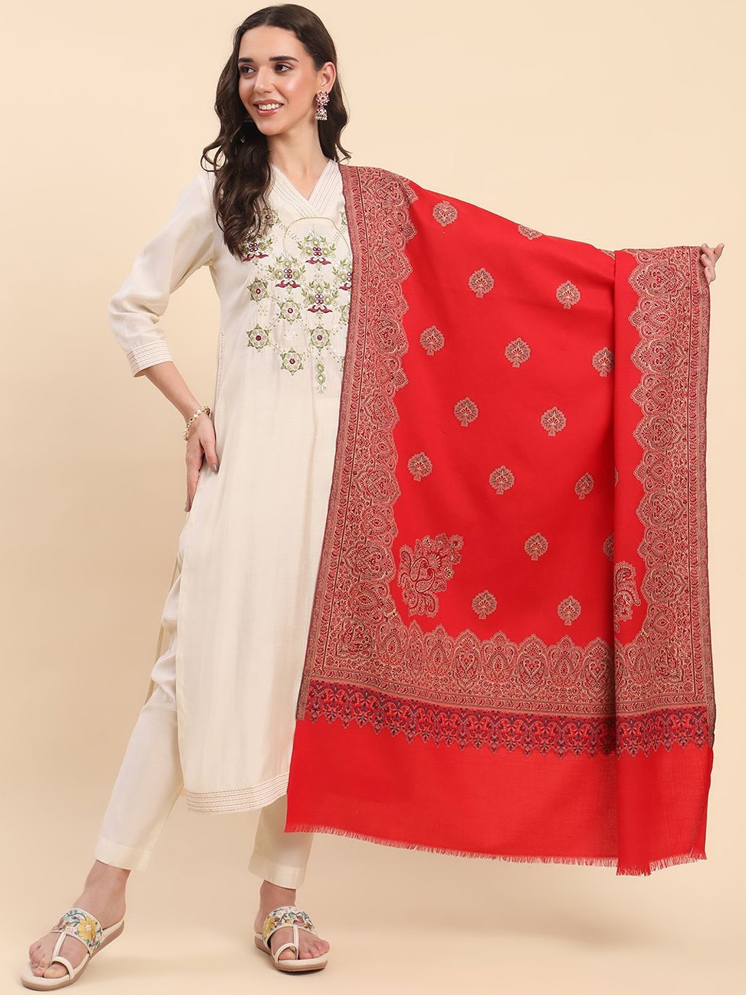

La Vastraa Women Ethnic Motifs Woven Design Shawl, Red