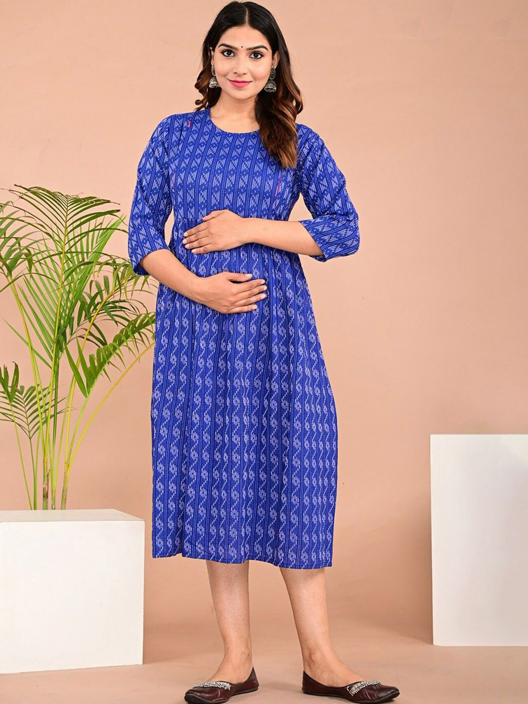 

Parth Fab Print Maternity Fit & Flare Midi Dress, Blue