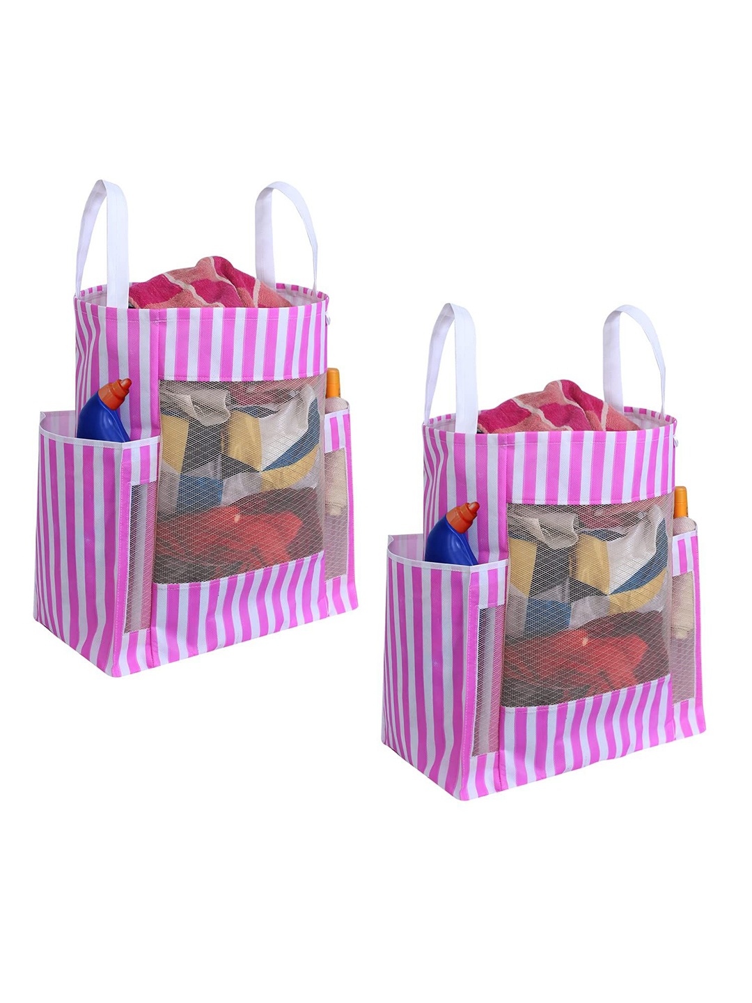 

prettykrafts Pink & White 2 Pieces Striped Foldable Laundry Bag With Side Pockets 45L Each
