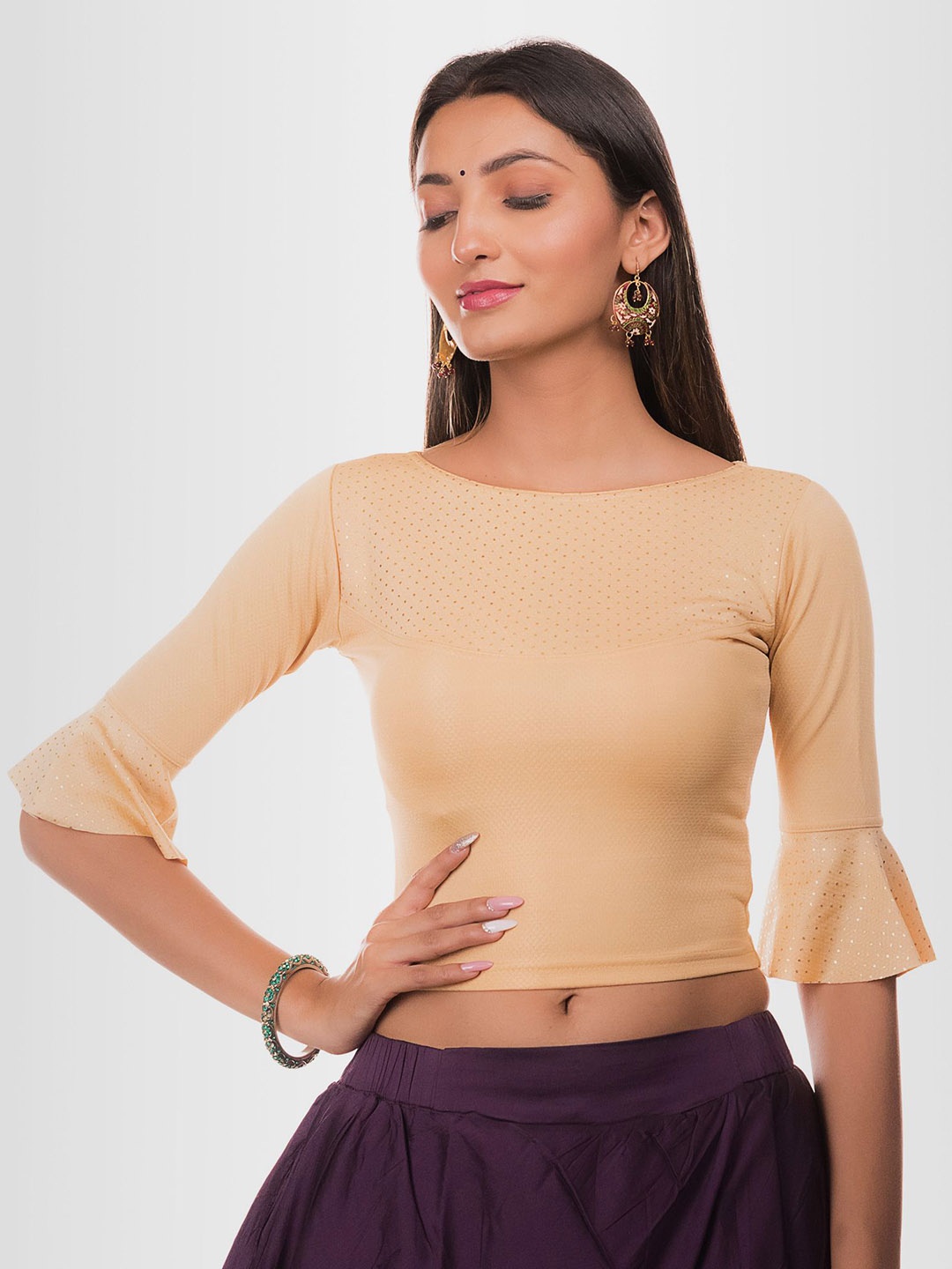 

Bindigasm's Advi Foil Printed Ruffles Sleeves Stretchable Saree Blouse, Beige