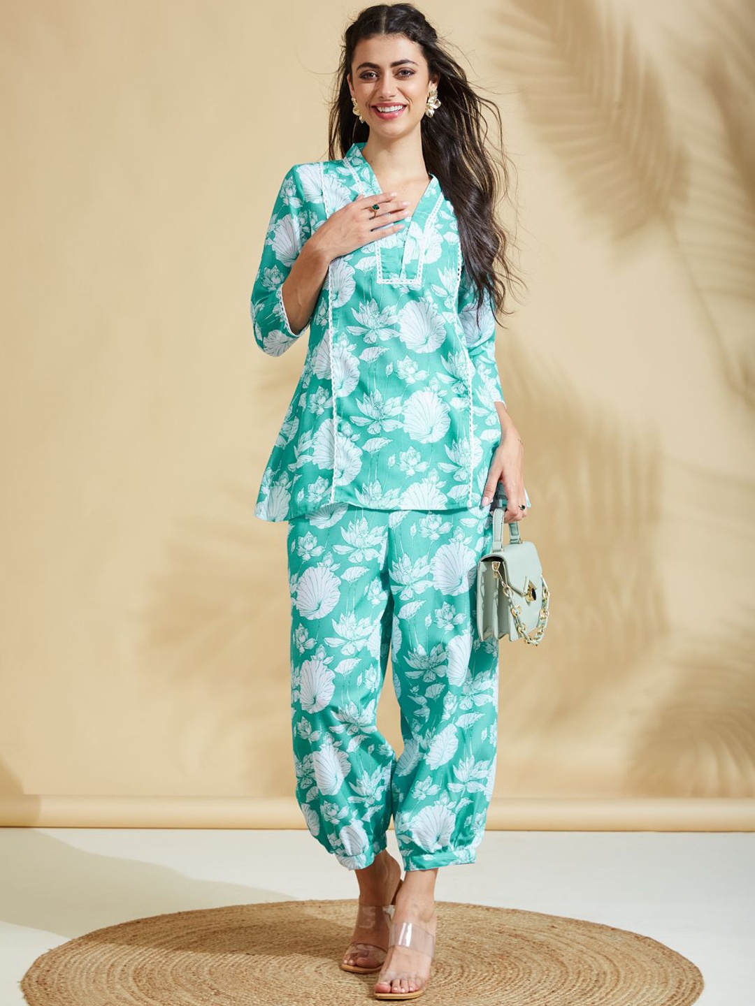 

J Turritopsis Floral Printed V-Neck Tunic With Trousers, Turquoise blue