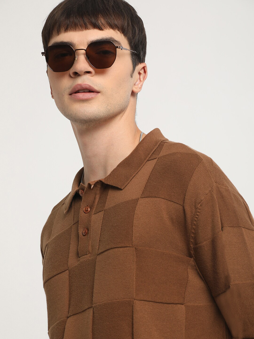 

THE BEAR HOUSE Checked Regular Fit Cotton Polo Collar T-shirt, Brown