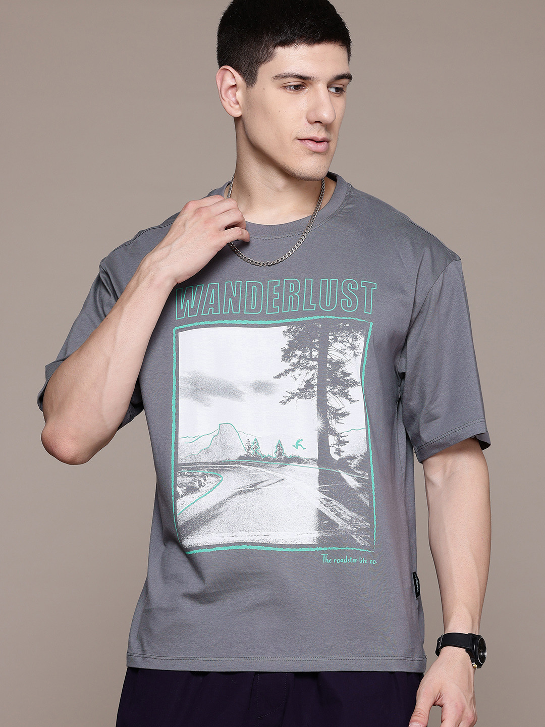 

The Roadster Lifestyle Co. Printed Pure Cotton T-shirt, Grey
